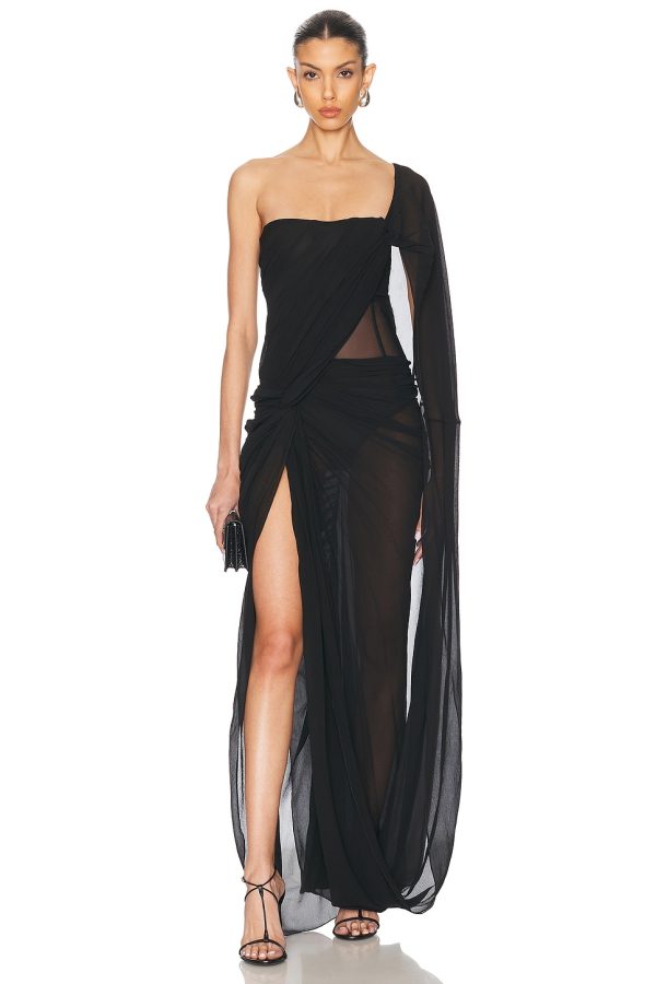 Stella McCartney Creponne Asymmetric Drape Maxi Dress in Black - Black. Size 34 (also in 36, 40).