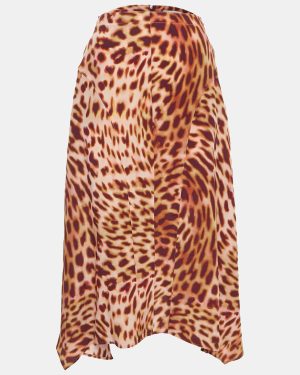 Stella McCartney Pink/Brown Leopard Print Silk Flared Midi Skirt XS