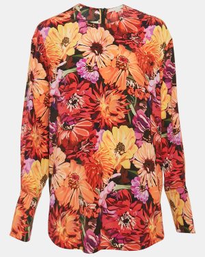 Stella McCartney Red Poppy Print Silk Long Sleeve Blouse M