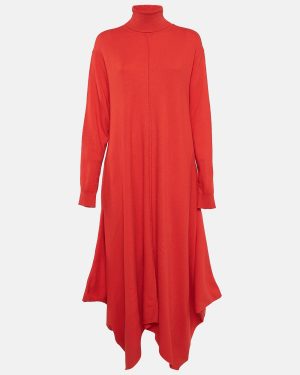 Stella McCartney Red Wool Turtle Neck Asymmetric Long Dress S