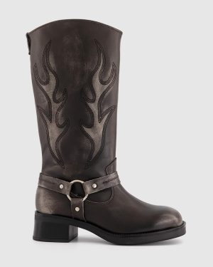 Steve Madden Womens Grey Leather Stitch Detail Bloom Cowboy Boots, Size: 3