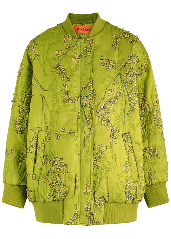 Stine Goya Floral-print Embellished Satin Bomber Jacket - Green - L (UK14 / L)