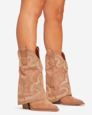 Storm Embroidered Flared Detail Pointed Toe Western Cowboy Boot In Tan Brown Faux Suede, Women's Size UK 6