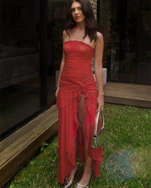 Strapless Party Gown High Slit Ruffle Long Tube Dress For Women 2025