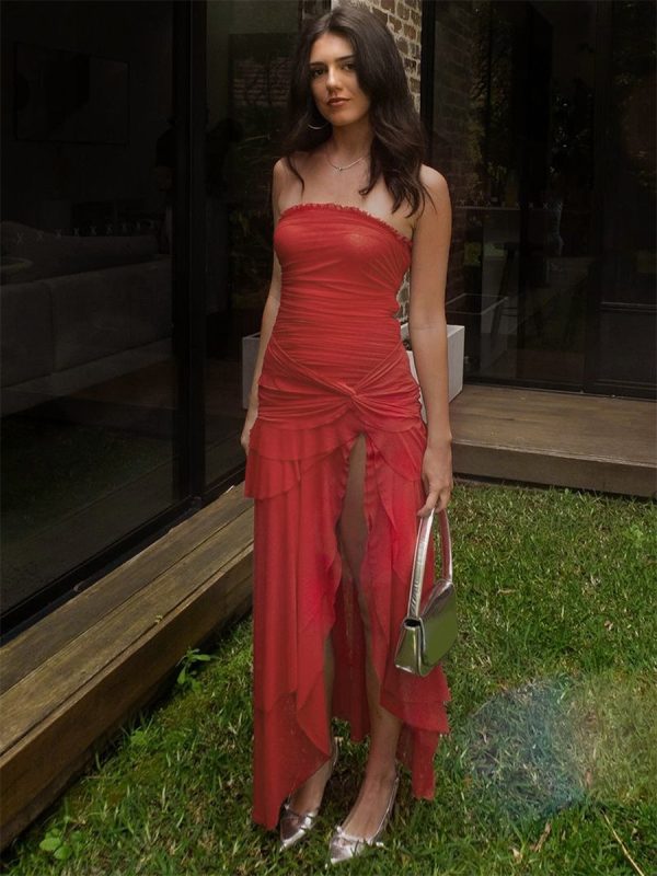 Strapless Party Gown High Slit Ruffle Long Tube Dress For Women 2025