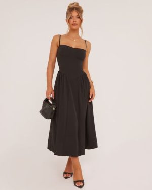 Strappy Pleated Skater Midaxi Dress In Black, Women's Size UK Large L