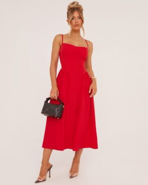 Strappy Pleated Skater Midaxi Dress In Red, Women's Size UK Small S