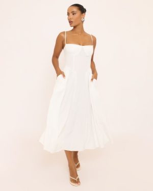Strappy Pleated Skater Midaxi Dress In White, Women's Size UK Large L