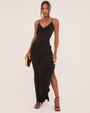 Strappy Tiered Frill Asymmetric Maxi Dress In Black Slinky, Women's Size UK Large L