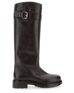 Strategia Brown Knee-high Boots With Buckle In Leather Woman
