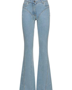 Stretch Denim Flared Pants W/crystals