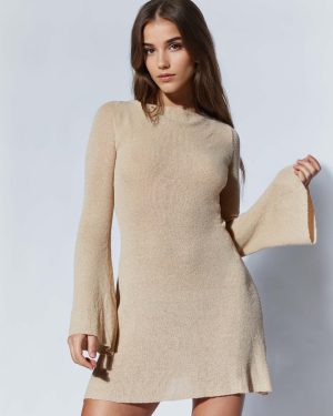 Striped Knitted Dress With Back Cutout Bell Long Sleeve Mini Dress For Women 2025