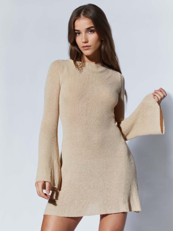 Striped Knitted Dress With Back Cutout Bell Long Sleeve Mini Dress For Women 2025