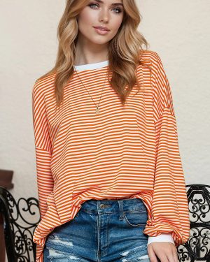 Strips Printed Sweatshirt Lantern Long Sleeves Two-Tone Dropped Shoulder Spring Tops For Women 2025