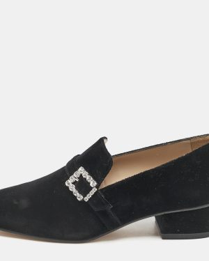 Stuart Weitzman Black Velvet Crystal Buckle Embellished Loafers Size 37
