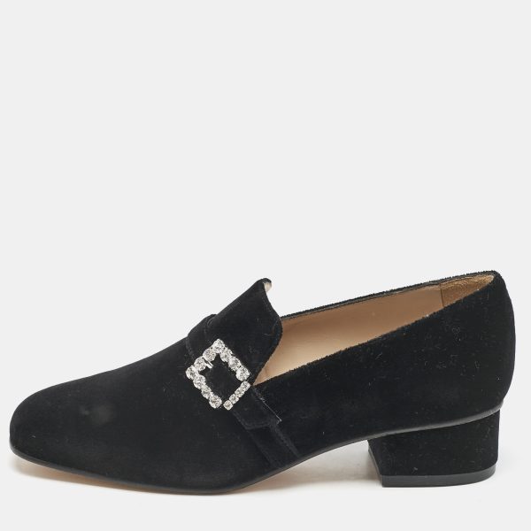 Stuart Weitzman Black Velvet Crystal Buckle Embellished Loafers Size 37