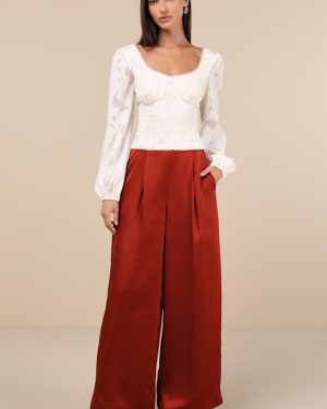 Stunning Chicness Rust Red Satin High-Rise Wide-Leg Pants