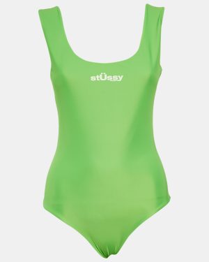 Stussy Neon Green Logo Print Nylon Jersey Swimsuit S