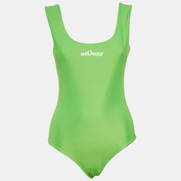Stussy Neon Green Logo Print Nylon Jersey Swimsuit S