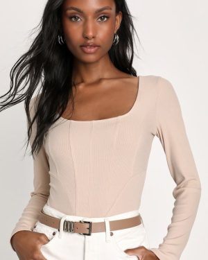 Style Skills Beige Ribbed Knit Long Sleeve Corset Bodysuit