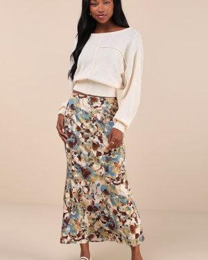 Stylish Option Beige Multi Abstract Floral Midi Skirt