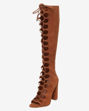 Suede Gladiator Sandals Open Toe Cut Out Lace Up Chunky Heel Sandal Shoes