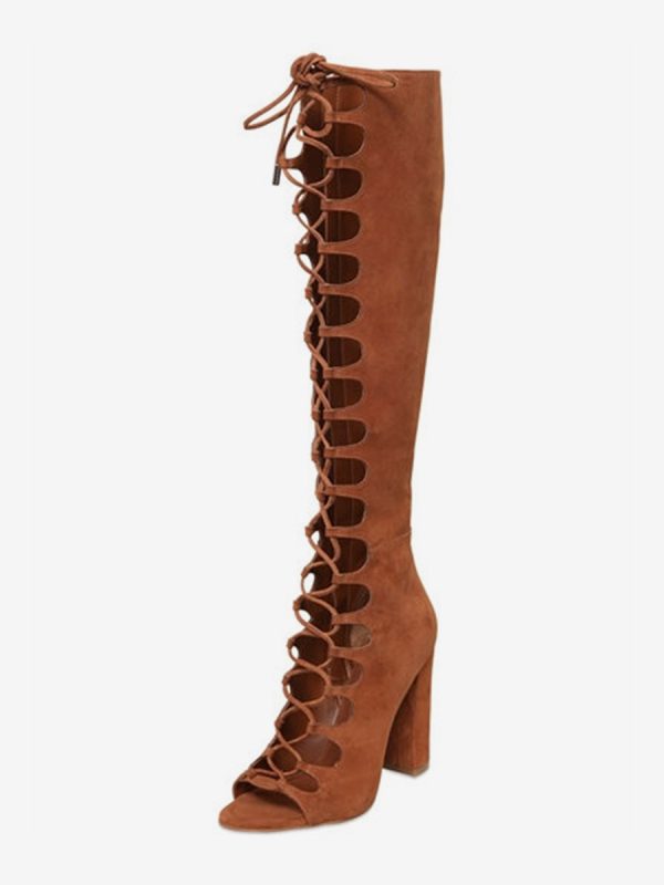 Suede Gladiator Sandals Open Toe Cut Out Lace Up Chunky Heel Sandal Shoes
