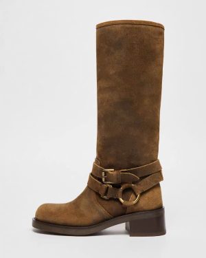 Suede Knee Boots Women's Deep Brown Square Toe Buckle Detail Flat Boots