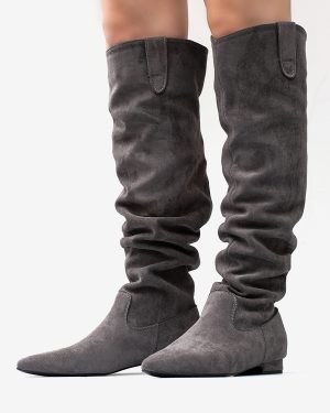 Suede Knee High Boots Grey Pointed Toe Flat Slouch Boots