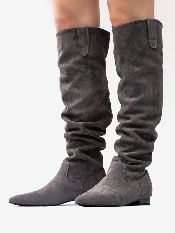 Suede Knee High Boots Grey Pointed Toe Flat Slouch Boots