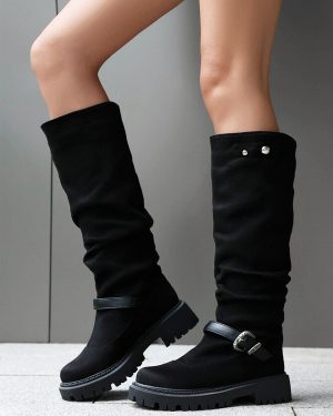 Suede Knee High Boots Women's Black Round Toe Flat Boots
