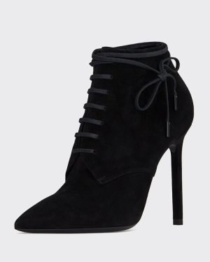 Suede Lace Up Booties Women's Black Pointed Toe High Heel Ankle Boots