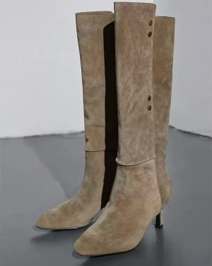 Suede Mid Calf Boots Designed Pointed Toe Kitten Heel Slouch Boots
