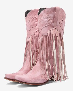 Suede Pink Western Boots Women Pointed Toe Tassle Cowgirl Boots