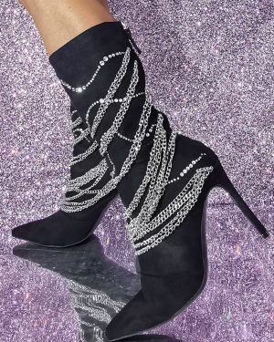 Suede Pointed Toe Stiletto Heel Metal Detail Mid Calf Boots