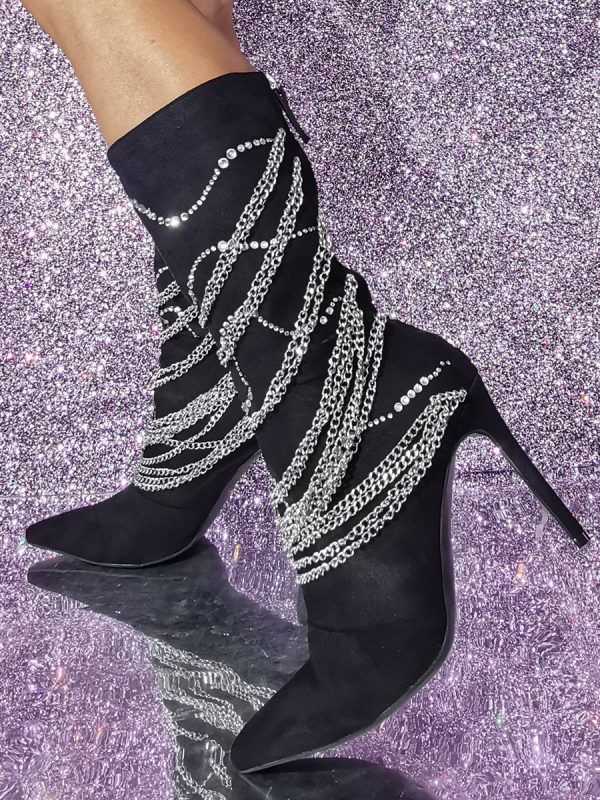 Suede Pointed Toe Stiletto Heel Metal Detail Mid Calf Boots