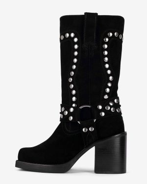 Suede Studs Mid Calf Boots Block Heel Round Toe Buckle Detail Boots
