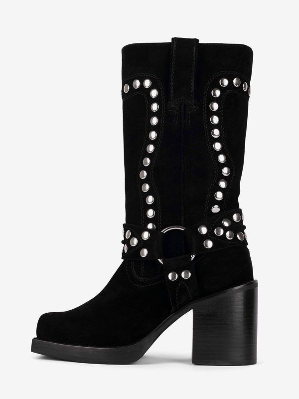 Suede Studs Mid Calf Boots Block Heel Round Toe Buckle Detail Boots