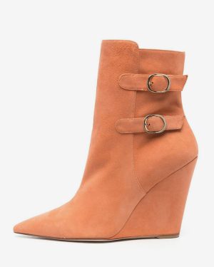 Suede Wedge Ankle Boots Pointed Toe Buckle Detail Booties