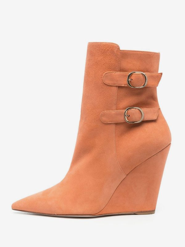Suede Wedge Ankle Boots Pointed Toe Buckle Detail Booties