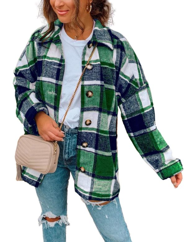 Sukany Women's Retro Color Block Plaid Wool Blend Shacket Jacket Green