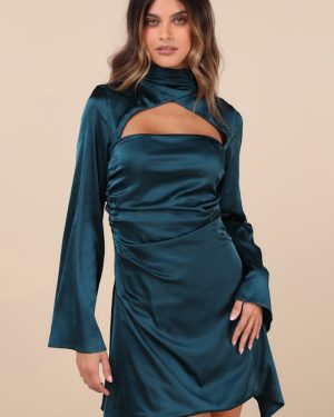 Sultry Elevation Dark Teal Satin Long Sleeve Cutout Mini Dress