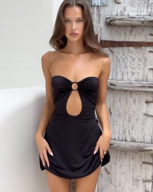 Summer Dress Strapless Backless Black Short Beach Dress