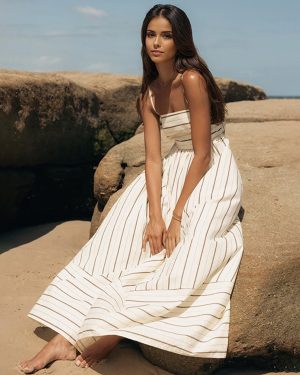 Summer Dress Straps Neck Stripes Cut Out Backless Apricot Long Beach Dress