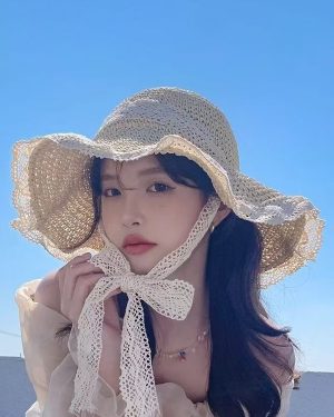 Summer Straw Hat For Women With Lace Trim Hollow Sun Protection Beach Hat 2025
