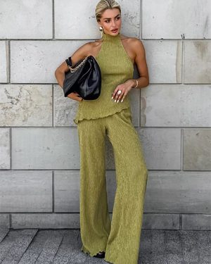 Summer Two Piece Set Halter Neck Asymmetrical Top And Wide-Leg Pants For Women 2025