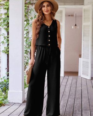 Summer Two Piece Set With Sleeveless Top And Wide-leg Pants 2025