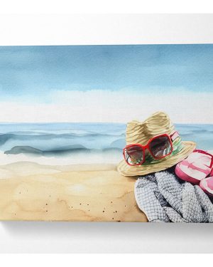 Sun Hat And Sunglasses On The Beach Canvas Watercolour