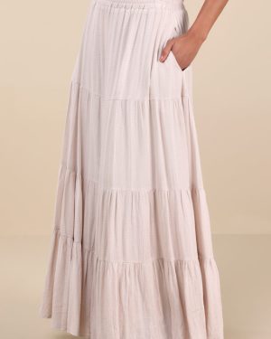 Sunset by the Sea Light Beige Embroidered Tiered Maxi Skirt