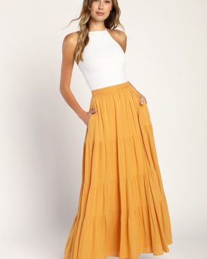 Sunset by the Sea Mustard Yellow Embroidered Tiered Maxi Skirt